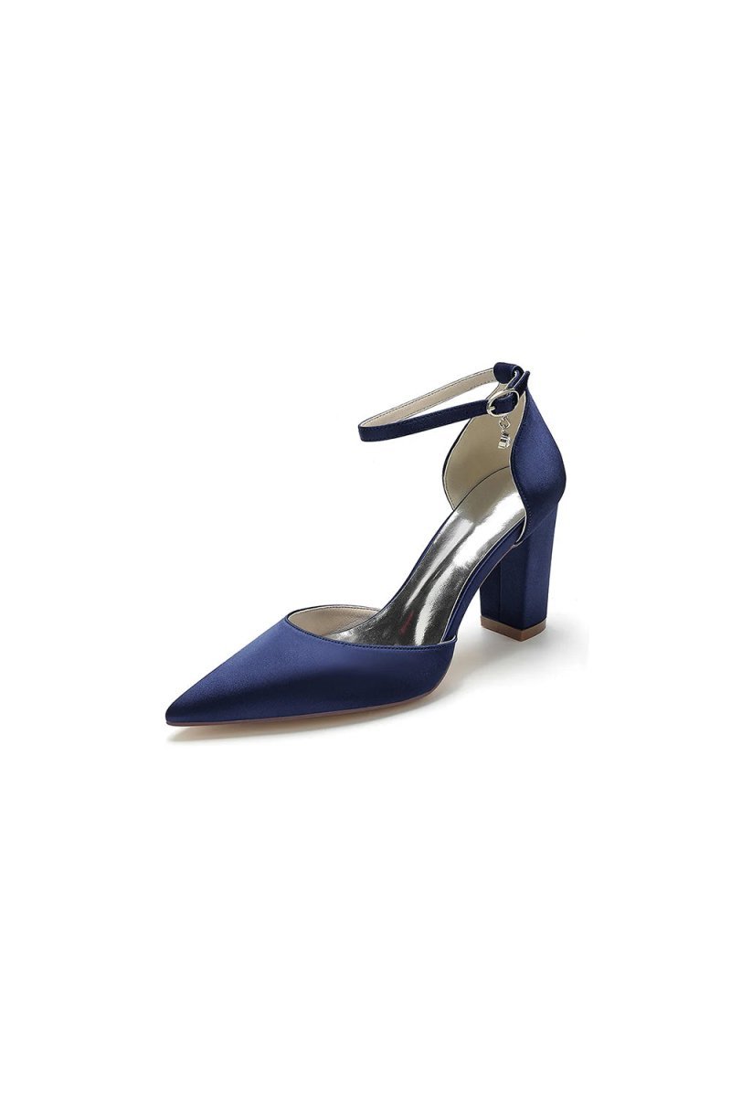 Simple Satin Pointed Toe Ankle Strap Chunky Heel - BOLODOO