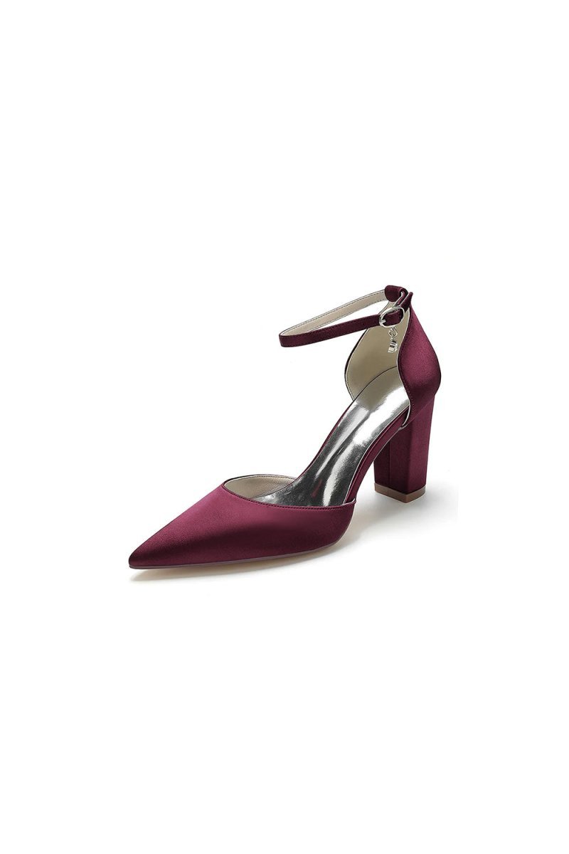 Simple Satin Pointed Toe Ankle Strap Chunky Heel - BOLODOO