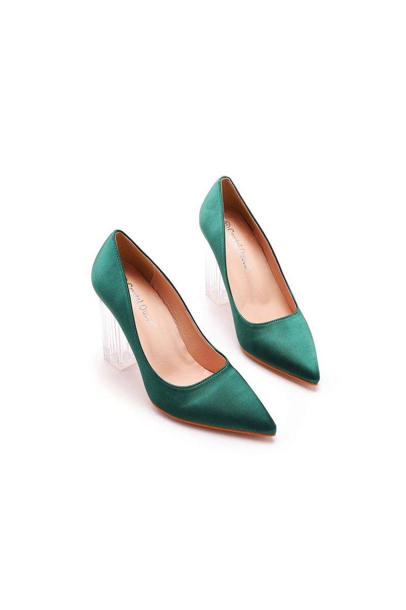 Simple Satin Slip on Pointed Toe Transparent Block Heels - BOLODOO