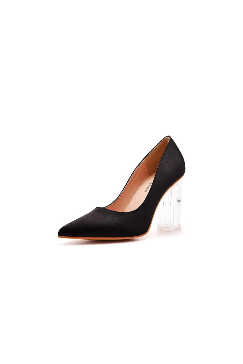 Simple Satin Slip on Pointed Toe Transparent Block Heels - BOLODOO