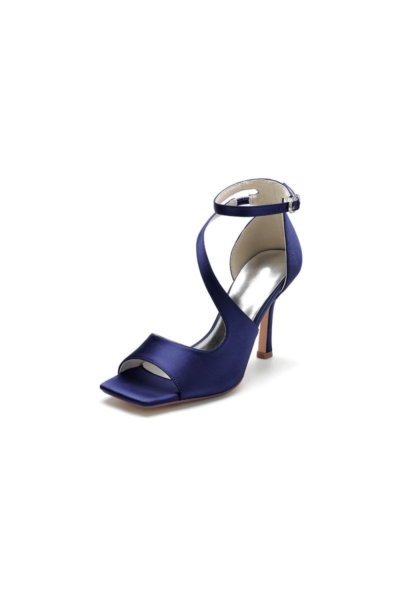 Simple Square Open Toe Ankle Strap Satin Prom Shoes - BOLODOO