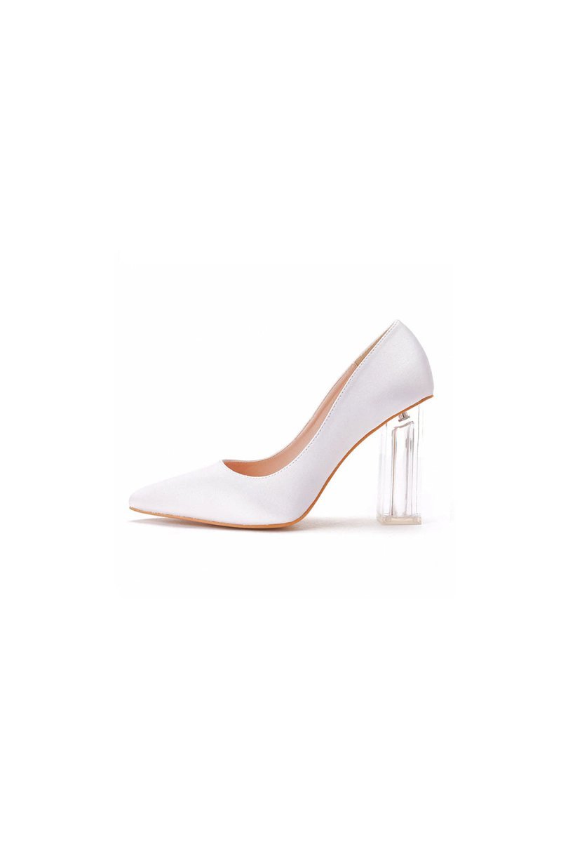 Simple White Pointed Toe Transparent Block Heels - BOLODOO