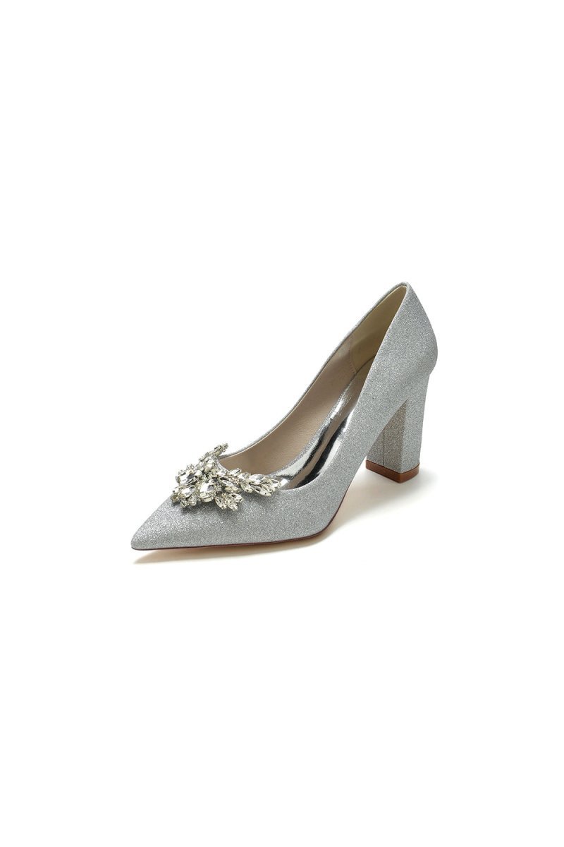 Sparkle Pointed Toe Glitter Chunky Heels With Rhinestone - BOLODOO