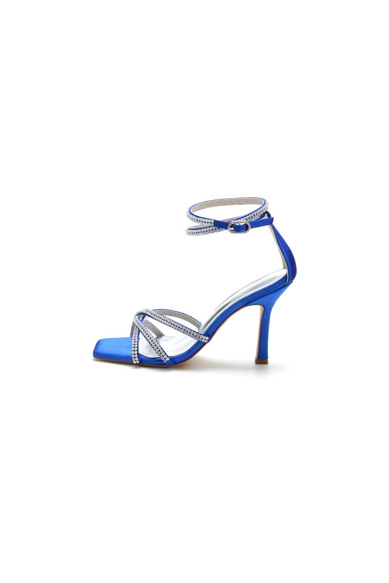 Square Open-Toe Beaded Strap Buckle Stiletto Heels