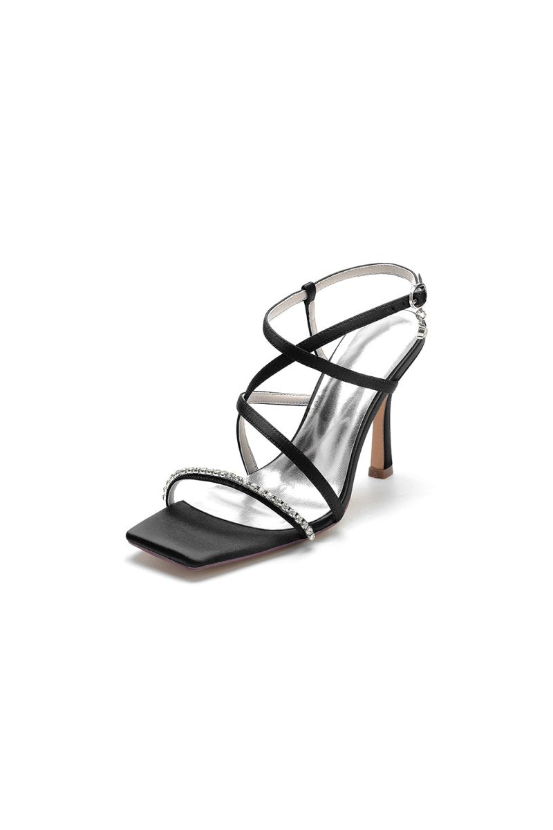 Square Open Toe Crystal Cross Straps Chunky Heels - BOLODOO