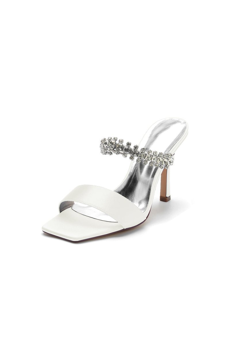 Square Open Toe Rhinestone Strappy Satin Stiletto Heels - BOLODOO