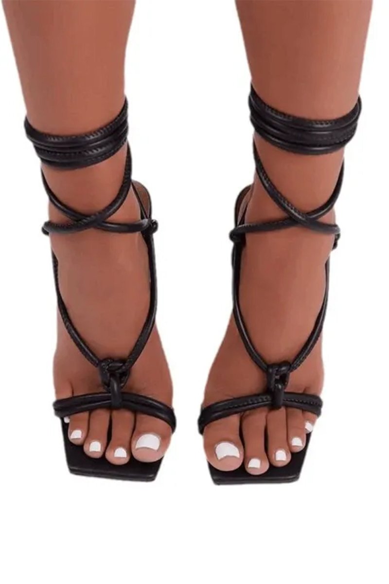 Square Open Toe Tie-Up Ankle Strap Stiletto Heels