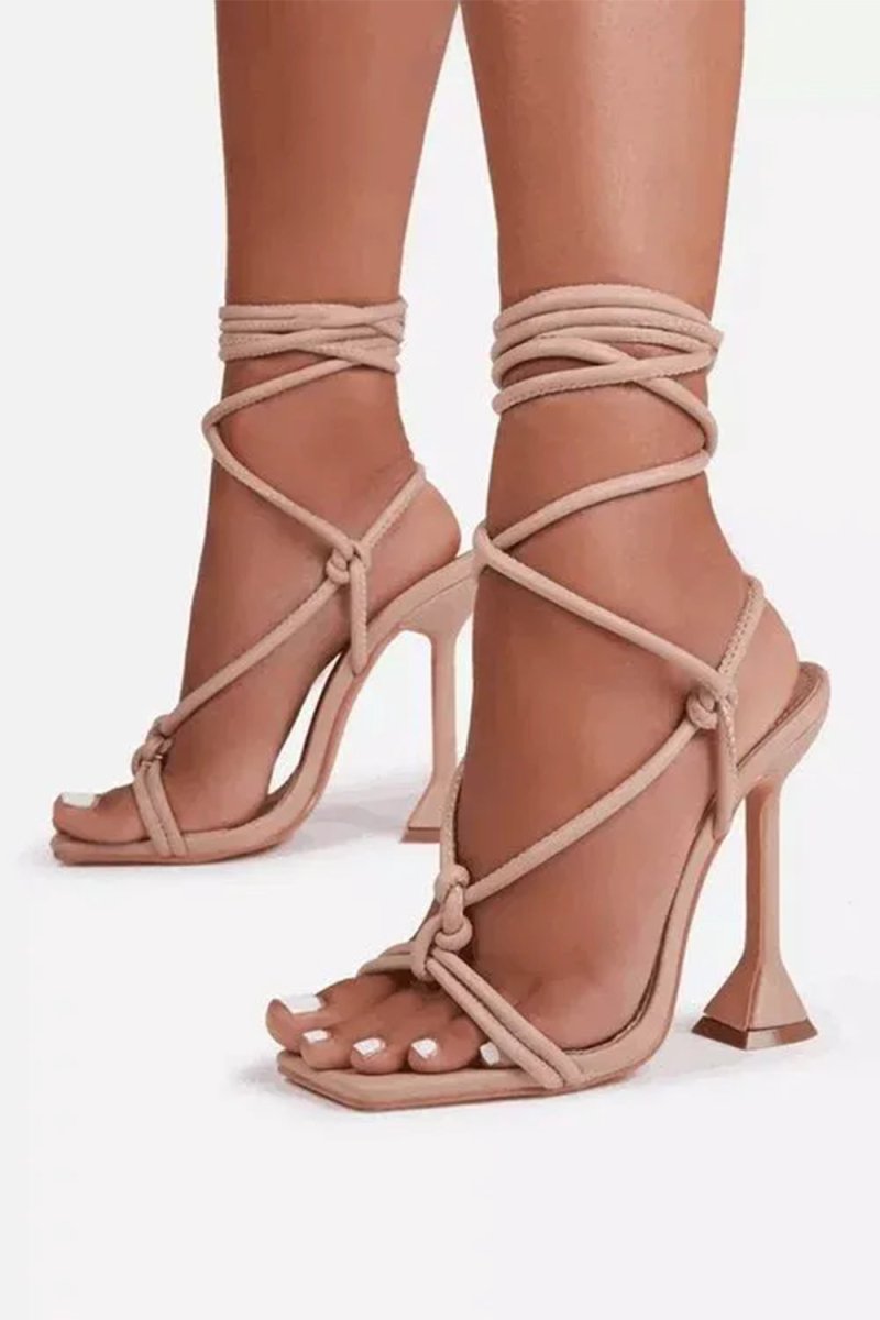 Square Open Toe Tie - Up Ankle Strap Stiletto Heels - BOLODOO