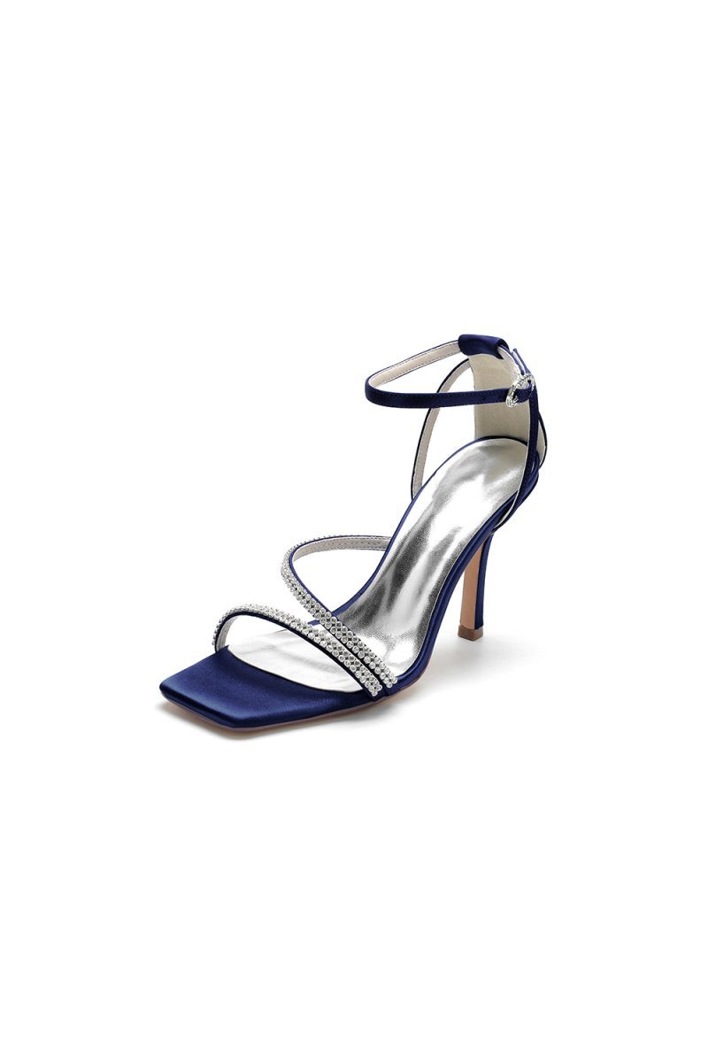 Square OpenToe Beaded Ankle Strap Satin Stiletto Heels - BOLODOO
