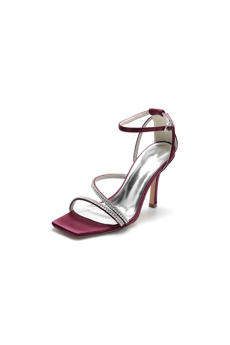 Square OpenToe Beaded Ankle Strap Satin Stiletto Heels - BOLODOO