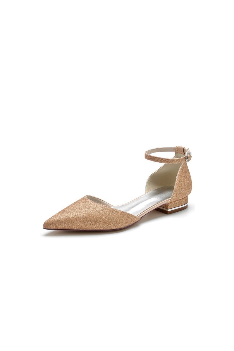 Stretch Glitter With Ankle Strap Pointed Toe Flat Heel Party Shoes - BOLODOO