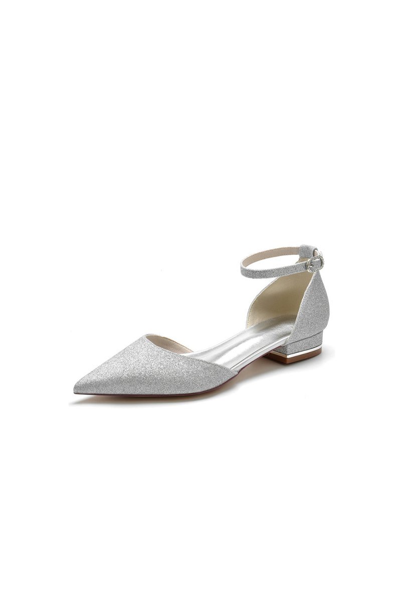 Stretch Glitter With Ankle Strap Pointed Toe Flat Heel Party Shoes - BOLODOO