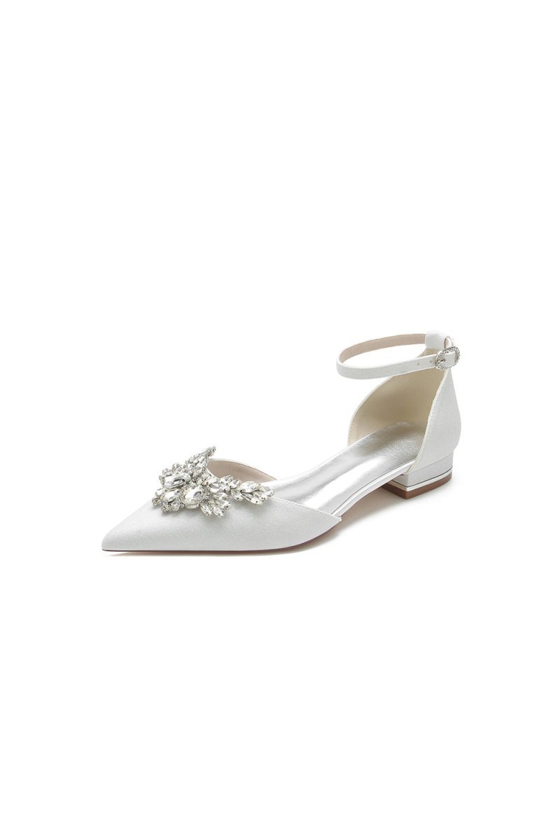 Stretch Glitter With Ankle Strap Rhinestone Pointed Toe Flat Heel Party Shoes - BOLODOO