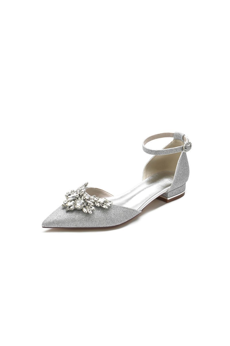 Stretch Glitter With Ankle Strap Rhinestone Pointed Toe Flat Heel Party Shoes - BOLODOO