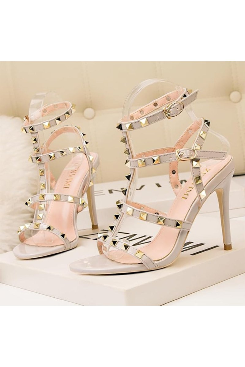 Studded Strappy Leather Open Toe High Heels