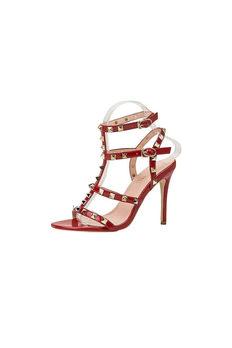 Studded Strappy Leather Open Toe High Heels - BOLODOO