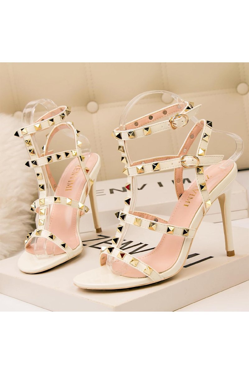 Studded Strappy Leather Open Toe High Heels