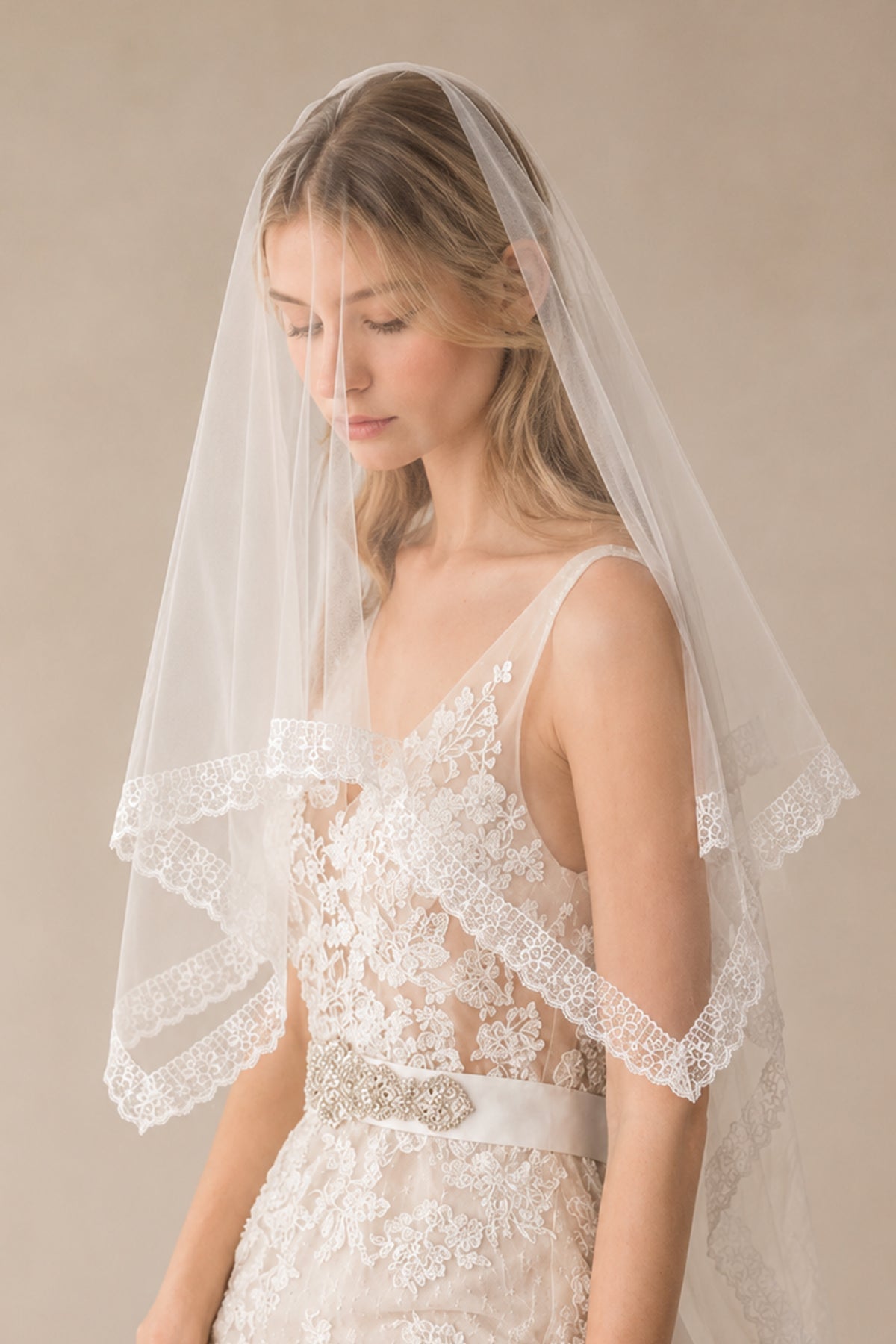 Tulle Lace Fingertip Length Wedding Veils in Ivory