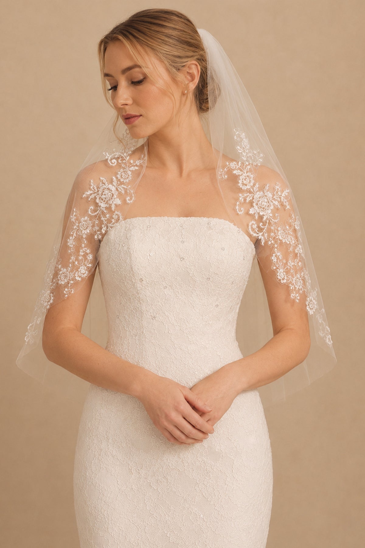 Two Tier Short Bridal Veils Lace Mid Length Wedding Veil in Ivory - BOLODOO Wedding Veils