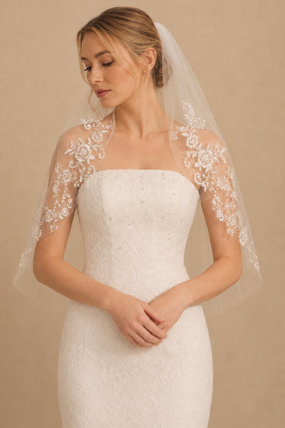 Two Tier Short Bridal Veils Lace Mid Length Wedding Veil in Ivory - BOLODOO Wedding Veils