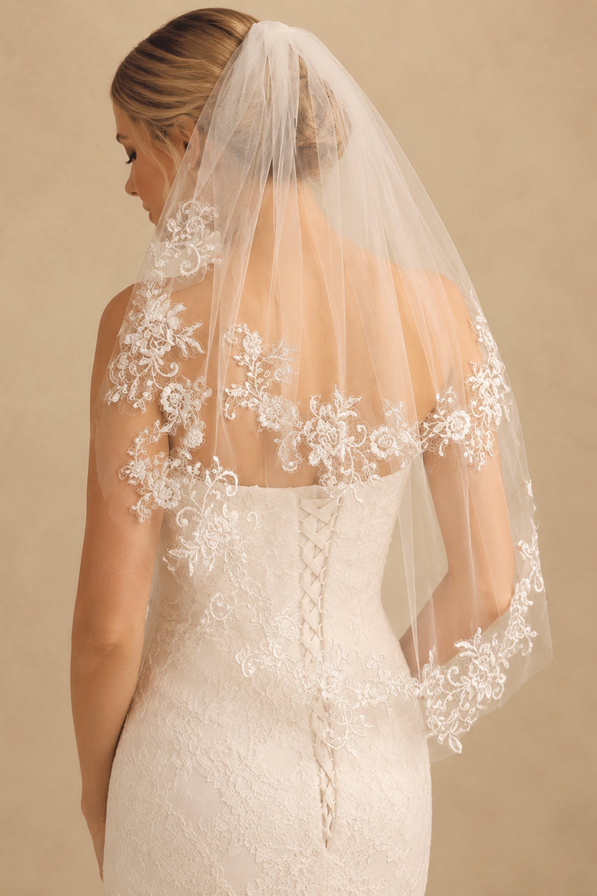 Two Tier Bridal Veils Lace Waist Length Wedding Veil in Ivory