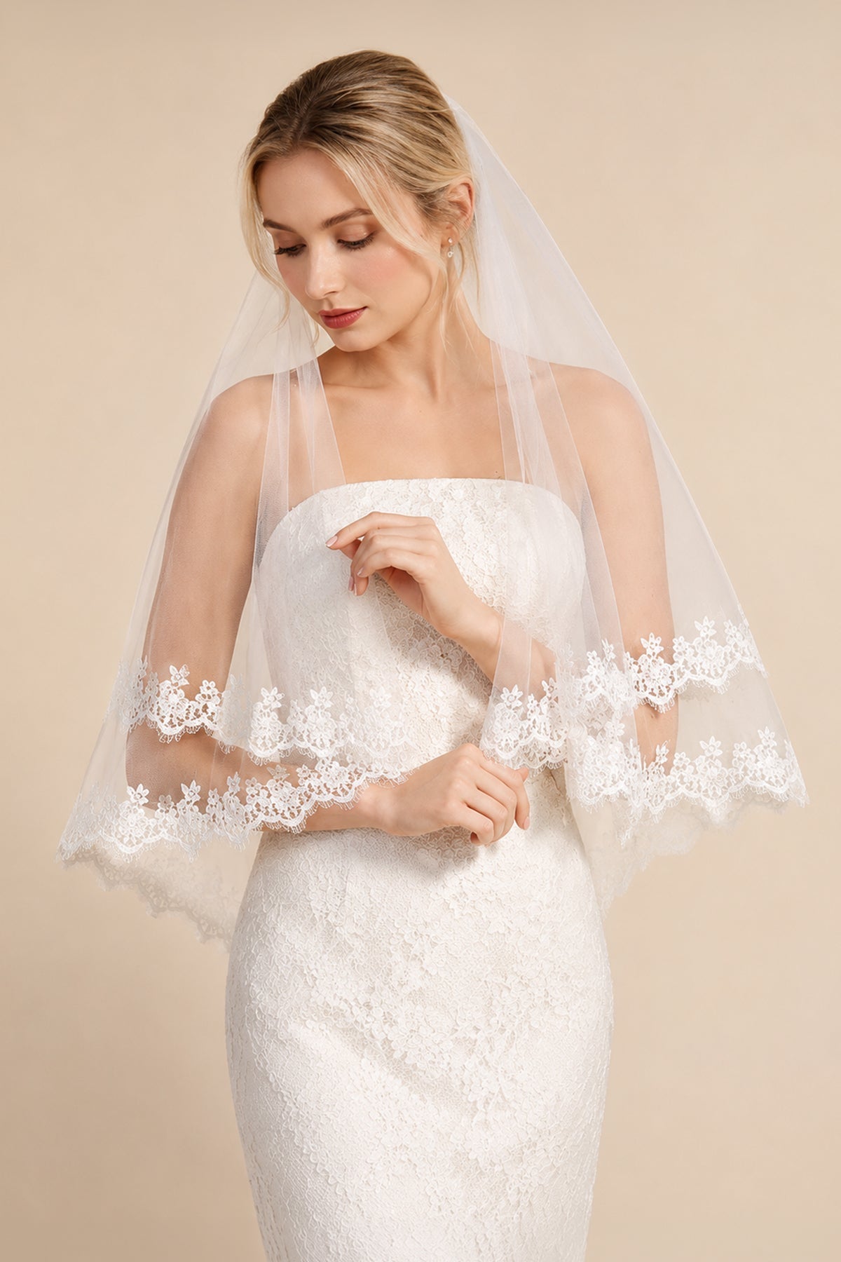 Two Tier Wedding Veils Hip Length Lace Hem Bridal Veil in Ivory - BOLODOO Wedding Veils