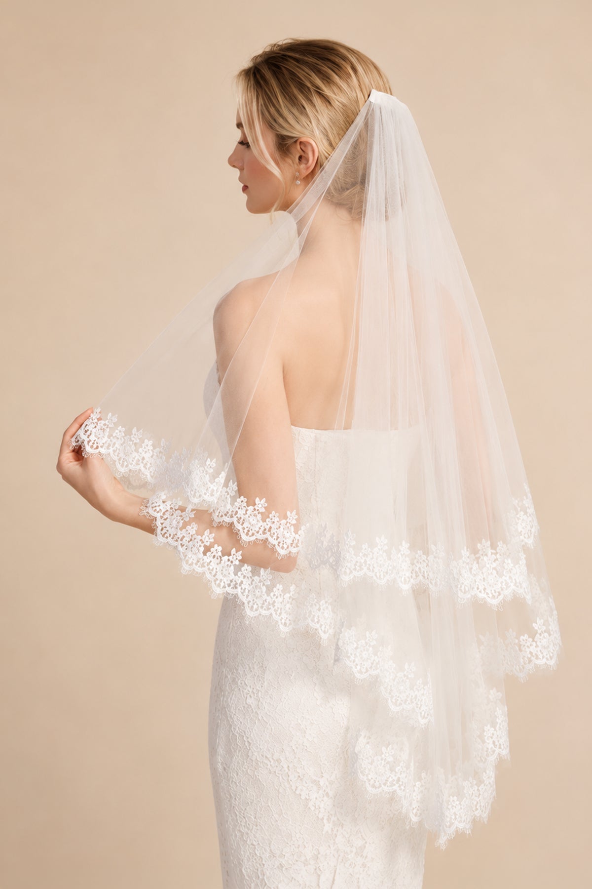 Two Tier Wedding Veils Hip Length Lace Hem Bridal Veil in Ivory