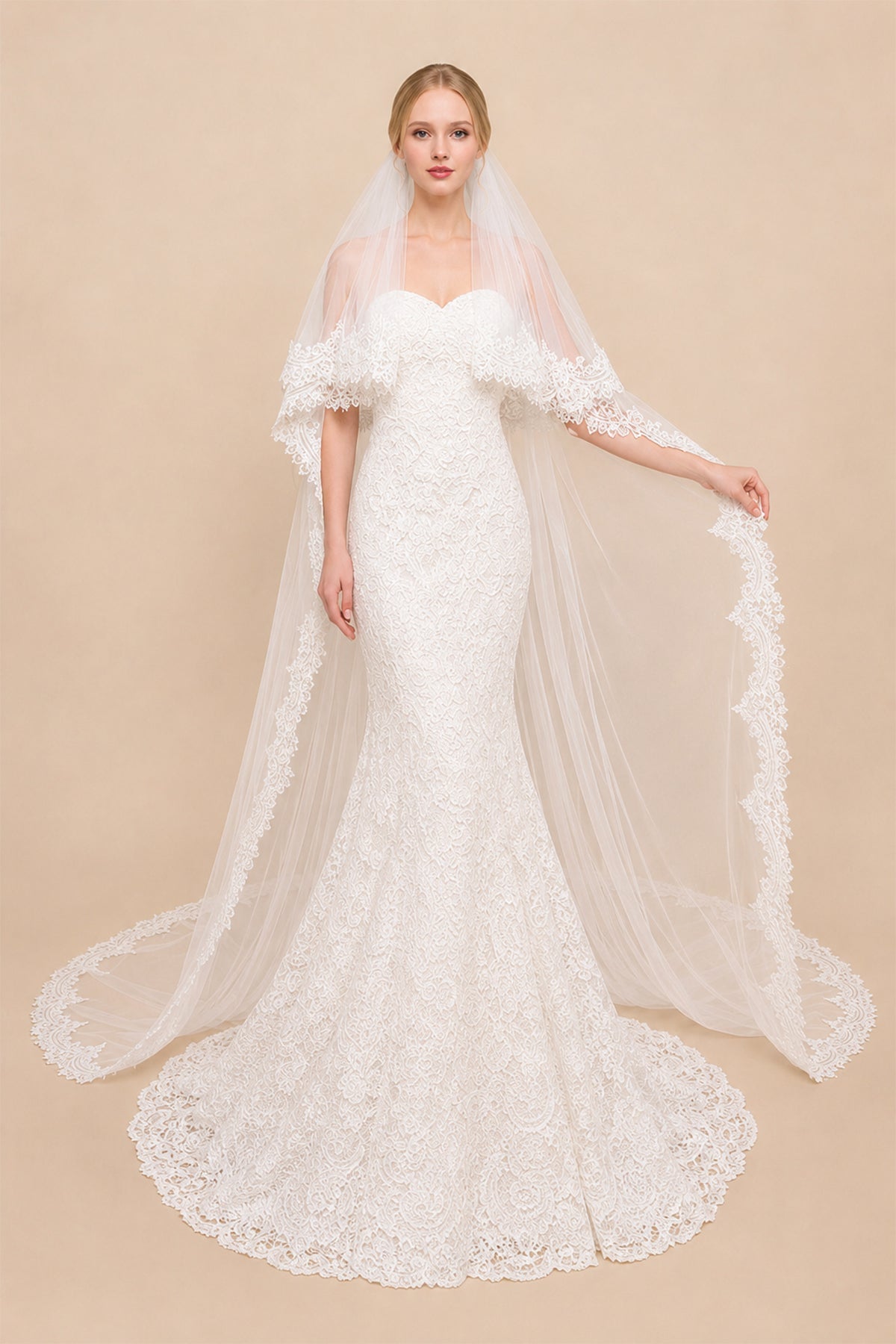 Two Tiers Lace Cathedral Veils in White - BOLODOO Wedding Veils
