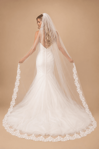 Vintage Floor Length Lace Appliques Long Chapel Veils Wedding Veils in Ivory - BOLODOO Wedding Veils