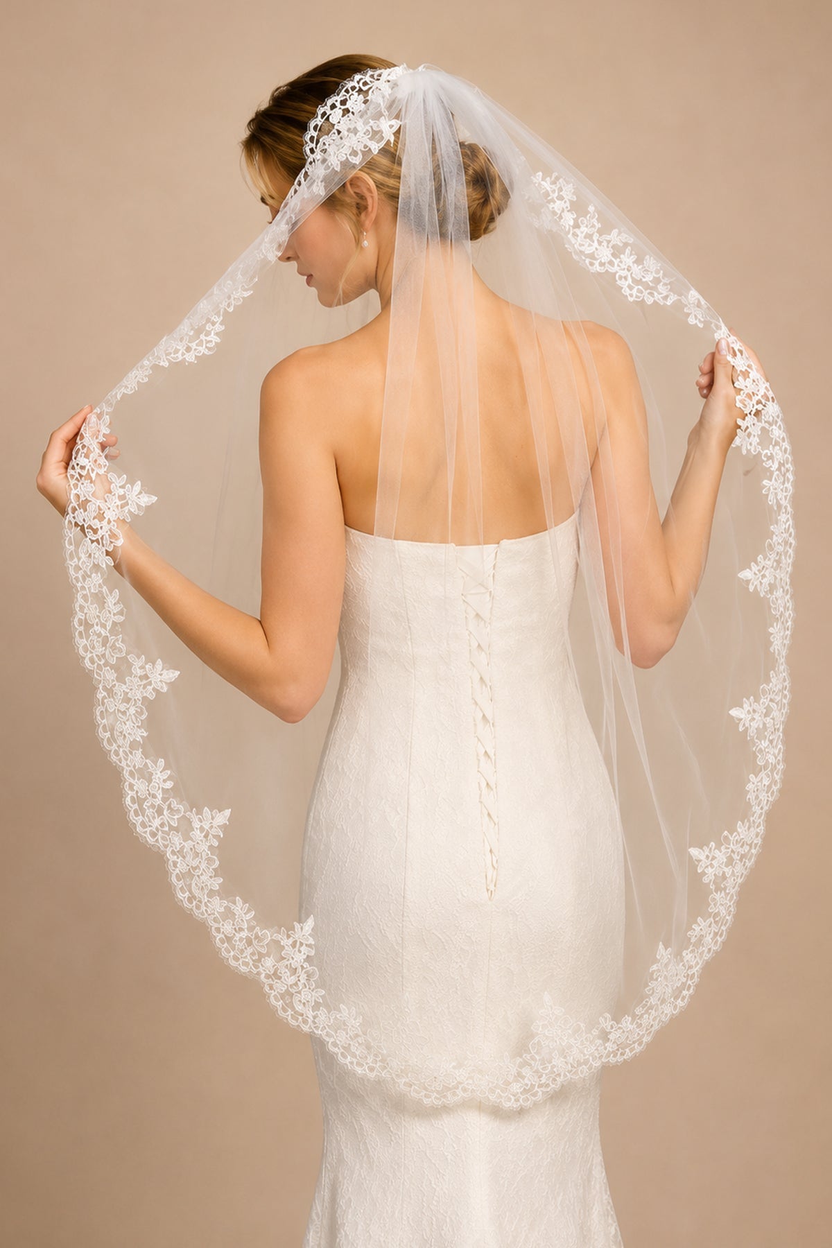 Vintage - Inspired Lace One Tier Wedding Veil Mantilla Veils in White - BOLODOO Wedding Veils