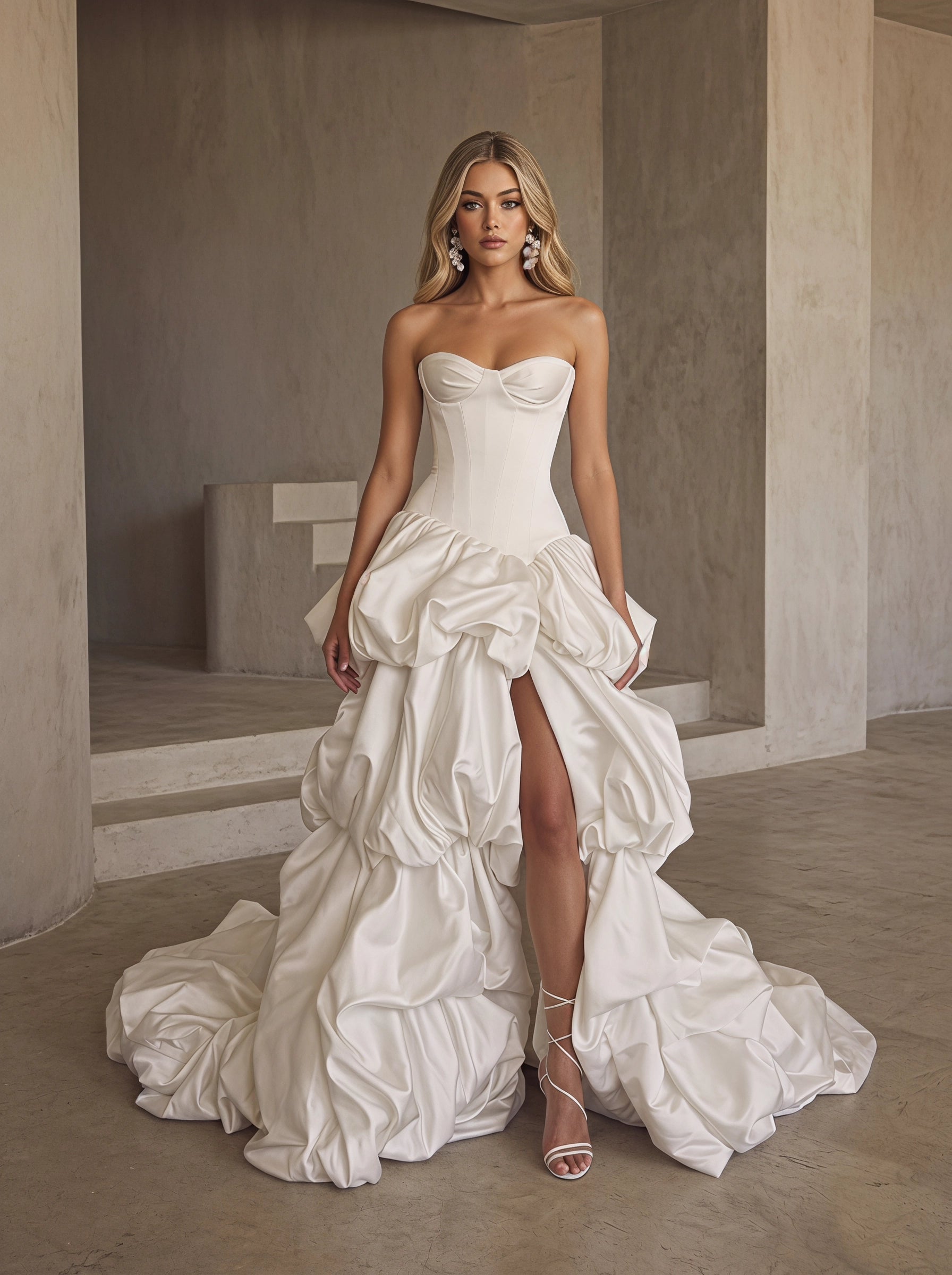 BOLODOO Ivory Strapless Sweetheart Boned Corset Bubble Skirt Wedding Gown - full front view with slit