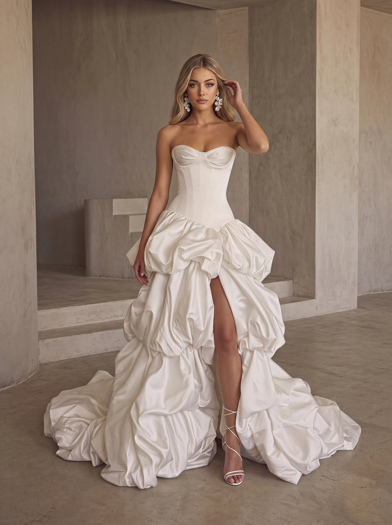 BOLODOO Ivory Strapless Sweetheart Boned Corset Bubble Skirt Wedding Gown - full front view 2