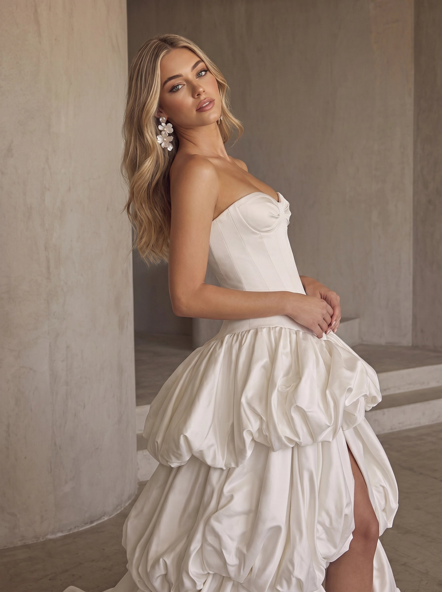 BOLODOO Ivory Strapless Sweetheart Boned Corset Bubble Skirt Wedding Gown - side seated view