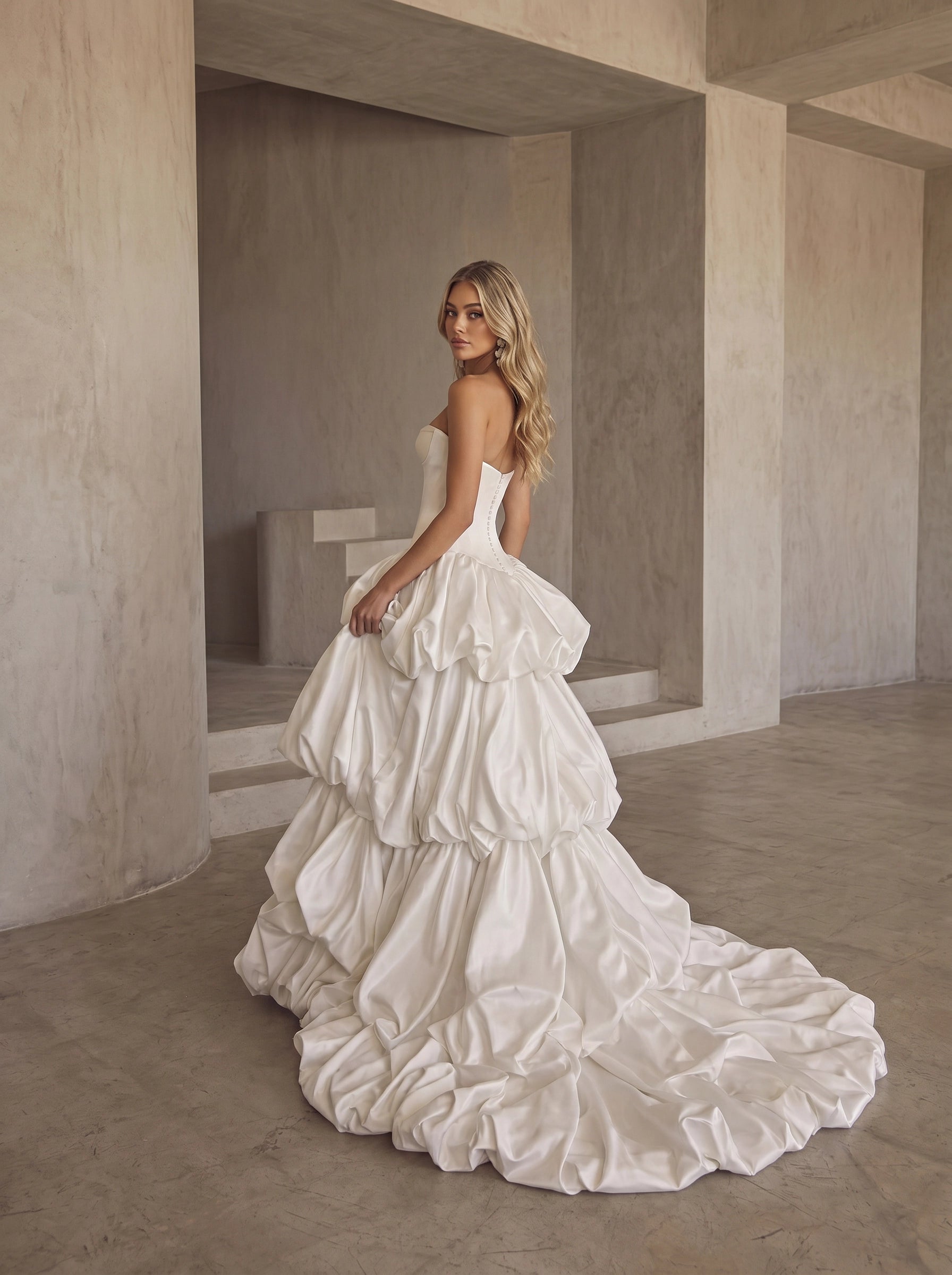 BOLODOO Ivory Strapless Sweetheart Boned Corset Bubble Skirt Wedding Gown - back view full train