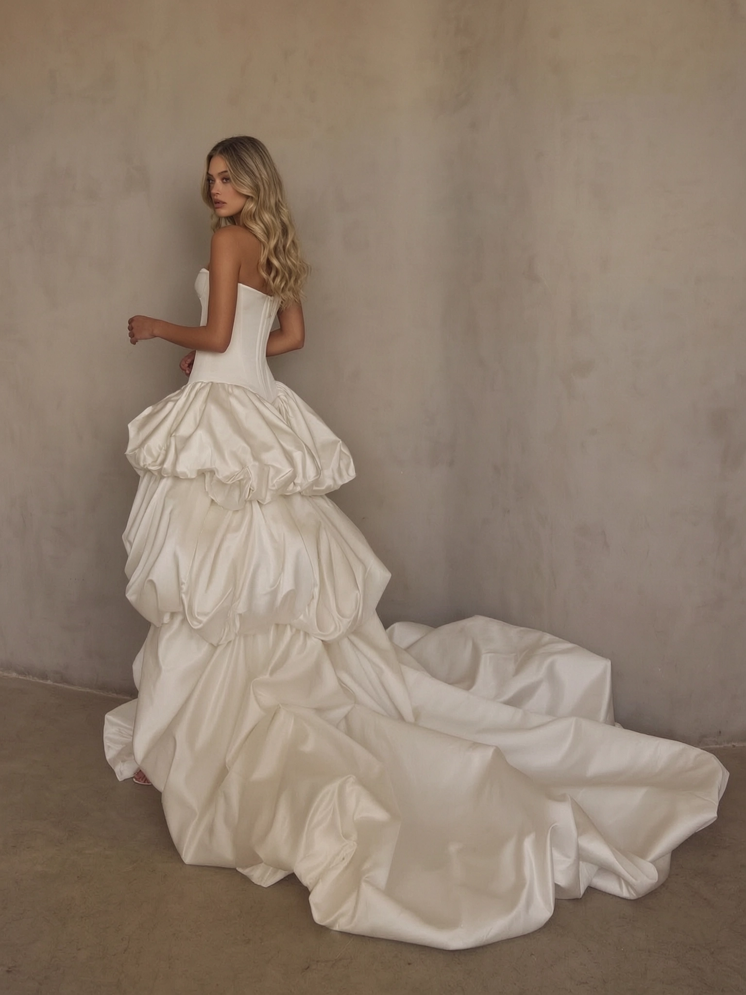 BOLODOO Ivory Strapless Sweetheart Boned Corset Bubble Skirt Wedding Gown - back view train