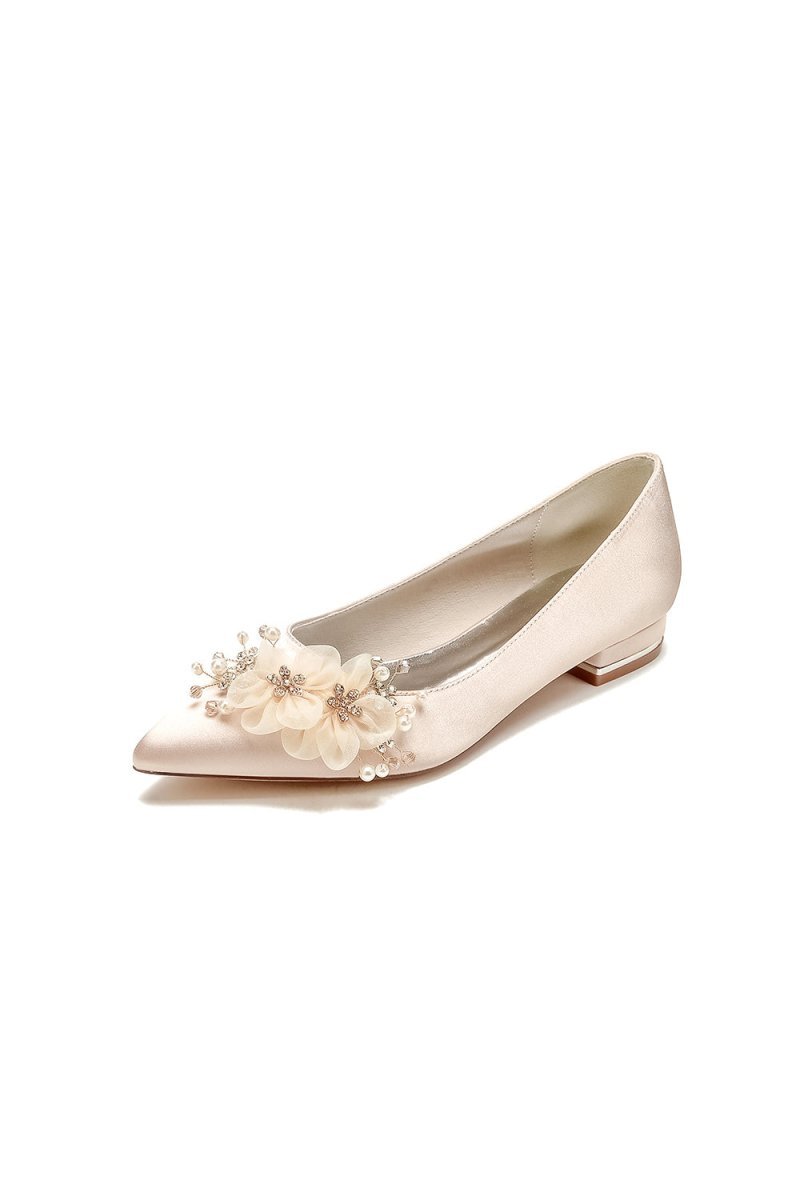 White Elegant Pointed Toe Low Heels with Rhinestone Flower - BOLODOO