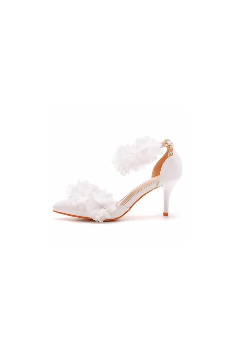 White Flowers Pointed Toe Ankle Strap High Heels - BOLODOO