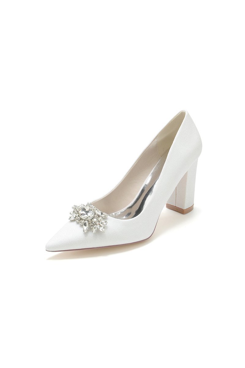 White Glitter Pointed Toe Chunky Heels With Rhinestone - BOLODOO