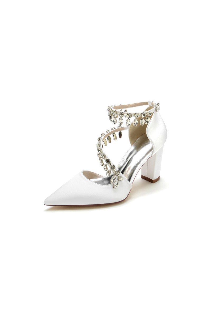 White High Heels with Chain and Crystal Accent - BOLODOO