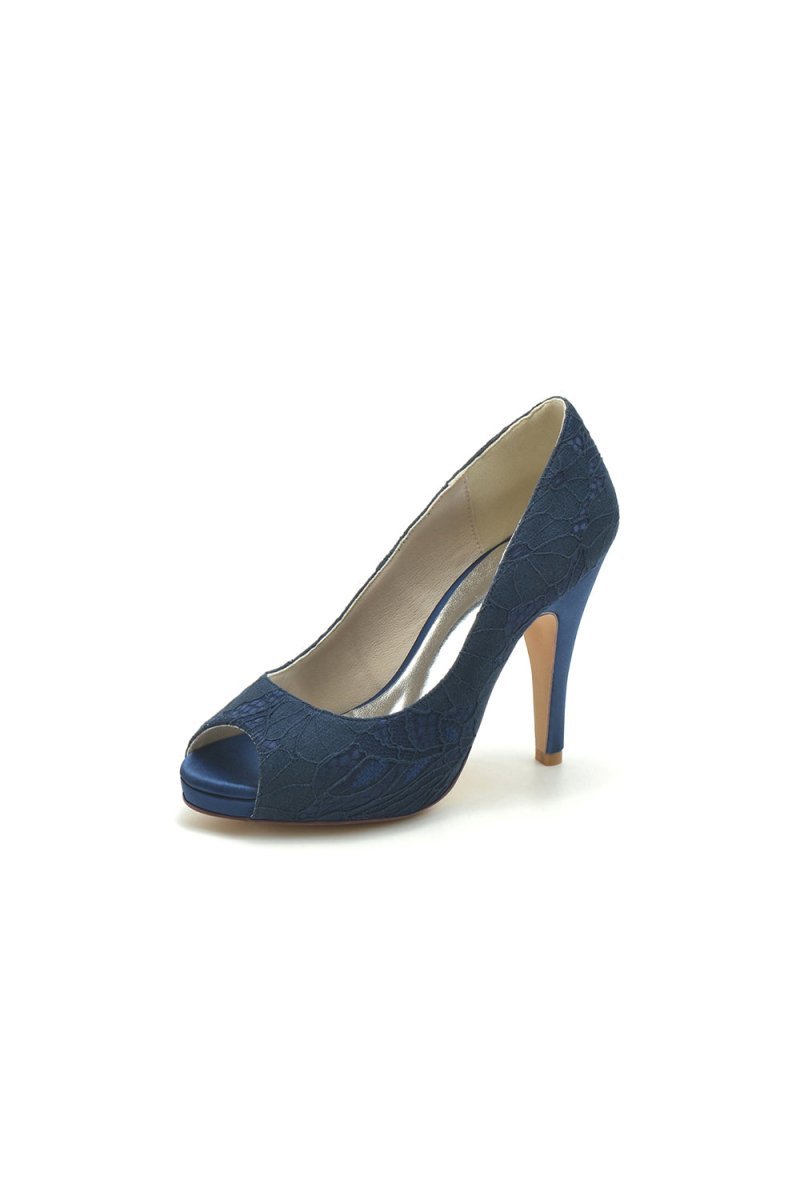 Navy Blue Lace Fishmouth High Heels - BOLODOO