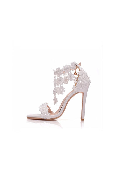 White Lace Flowers Tassels Open Toe Ankle - strap Ultra High Heels - BOLODOO