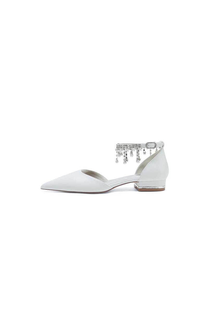 White Pearl Beaded Ankle Strap Pointed Toe Low Heels