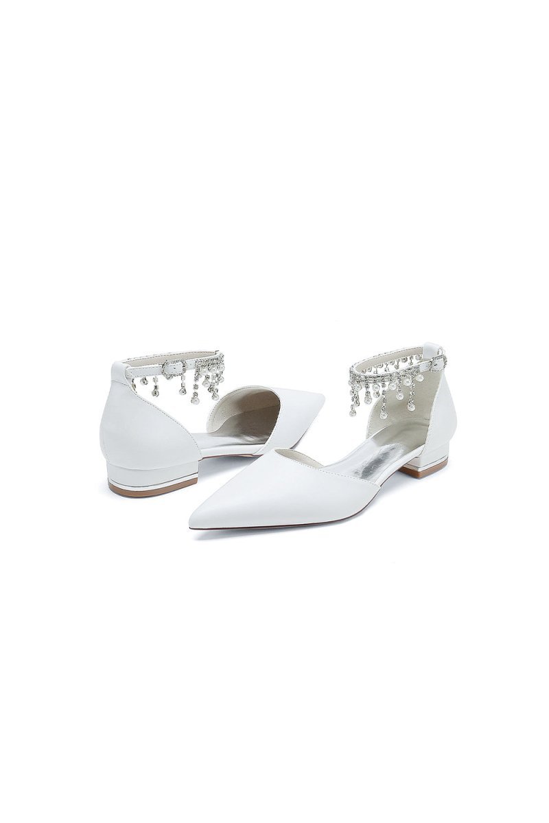 White Pearl Beaded Ankle Strap Pointed Toe Low Heels