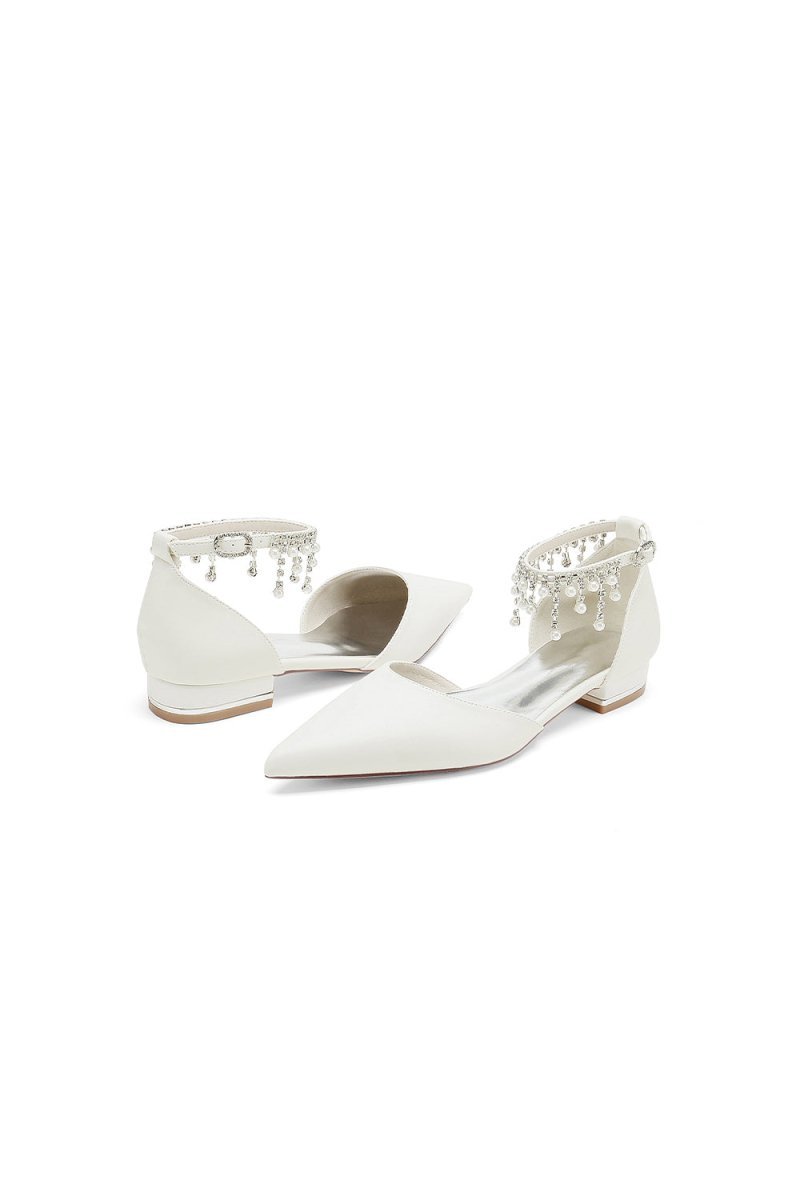 White Pearl Beaded Ankle Strap Pointed Toe Low Heels