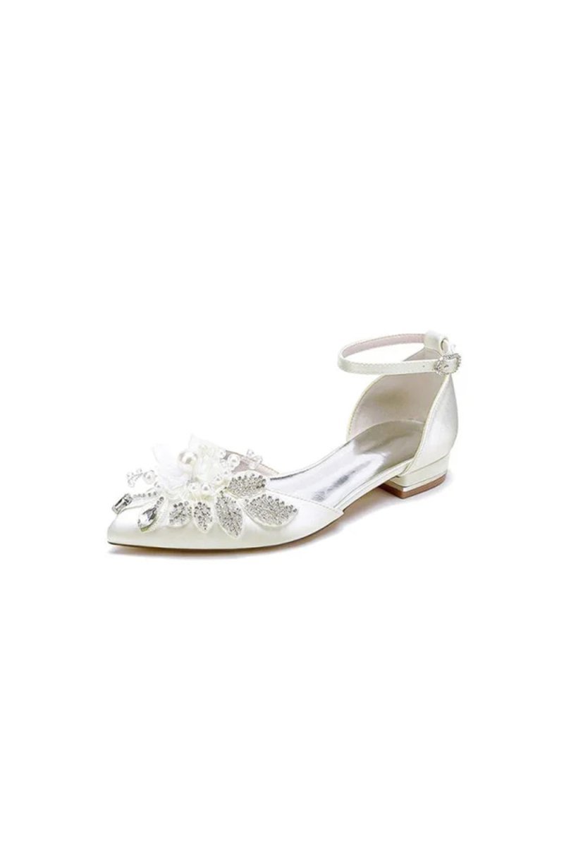 White Pointed Toe Ankle Strap Low Heels with Rhinestone - BOLODOO