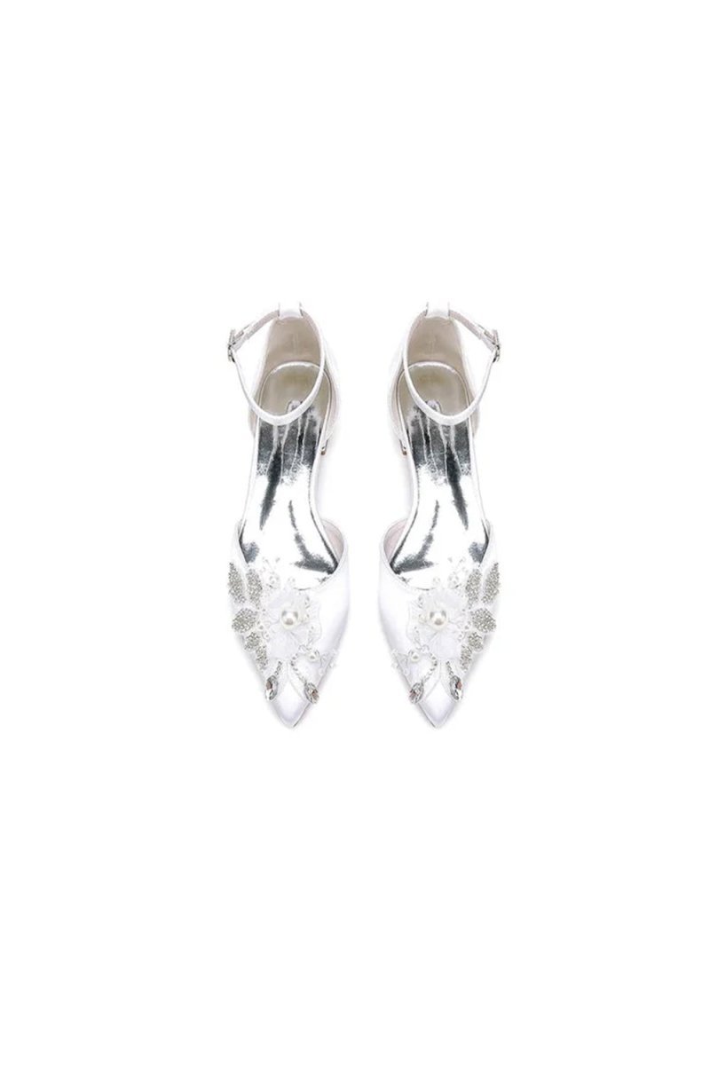 White Pointed Toe Ankle Strap Low Heels with Rhinestone