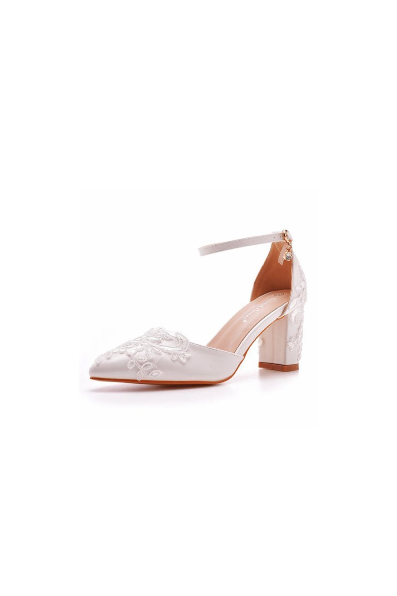 White Pointed Toe Lace Ankle Strap Chunky Heels - BOLODOO