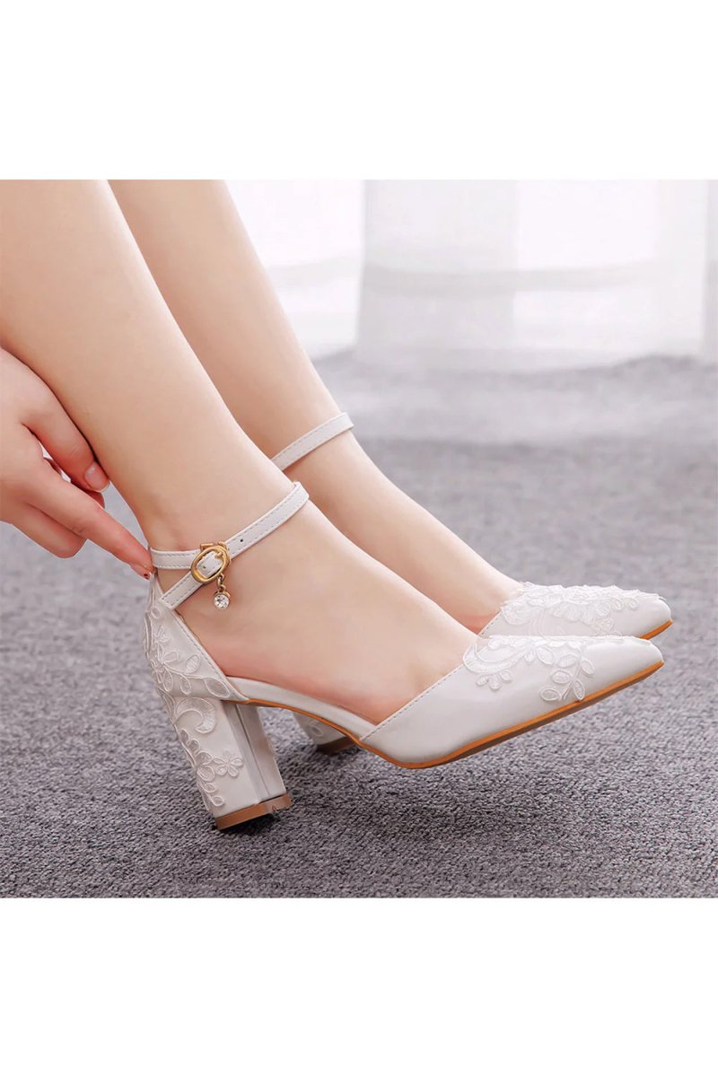 White Pointed Toe Lace Ankle Strap Chunky Heels