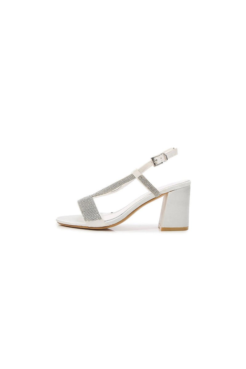 White Rhineshones Open Toe Block Heel Sandal - BOLODOO