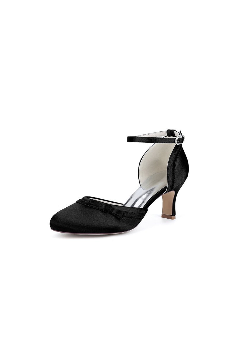 Navy Blue Satin High Heels with Bow Accent - BOLODOO